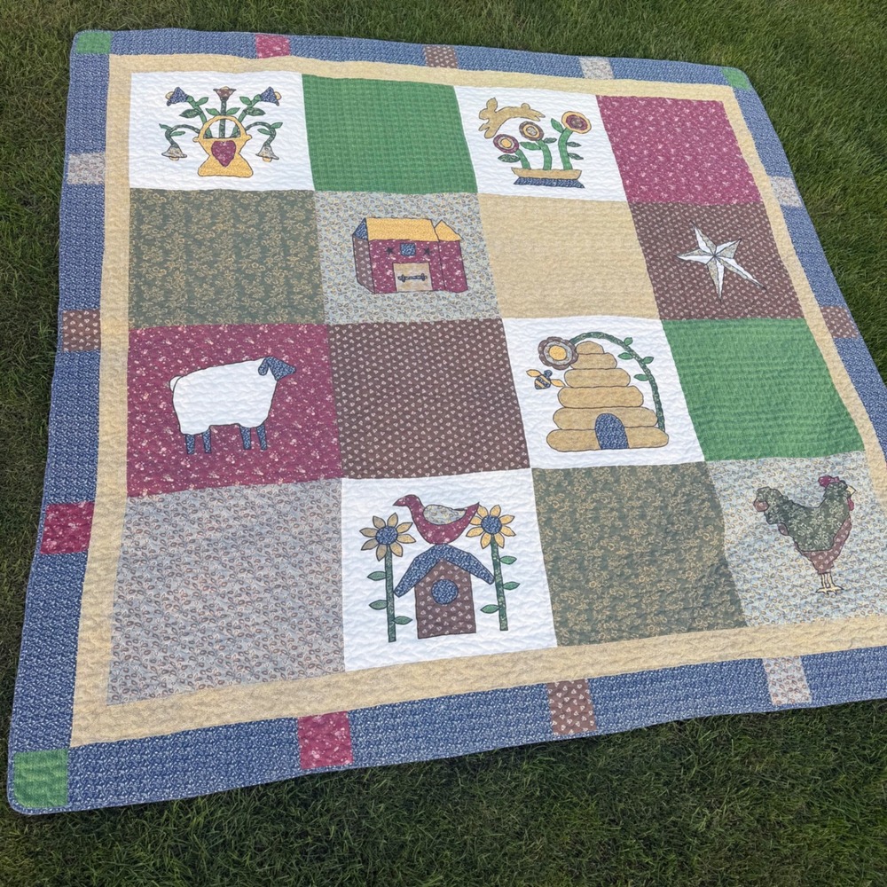 Super cute Patchwork Quilt Farmhouse Applique Barn Sheep Beehive Rustic 86x86 A-